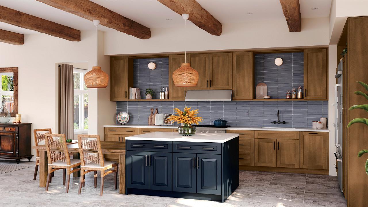 Two-tone kitchen remodel with navy island, wood cabinets, and open shelving.