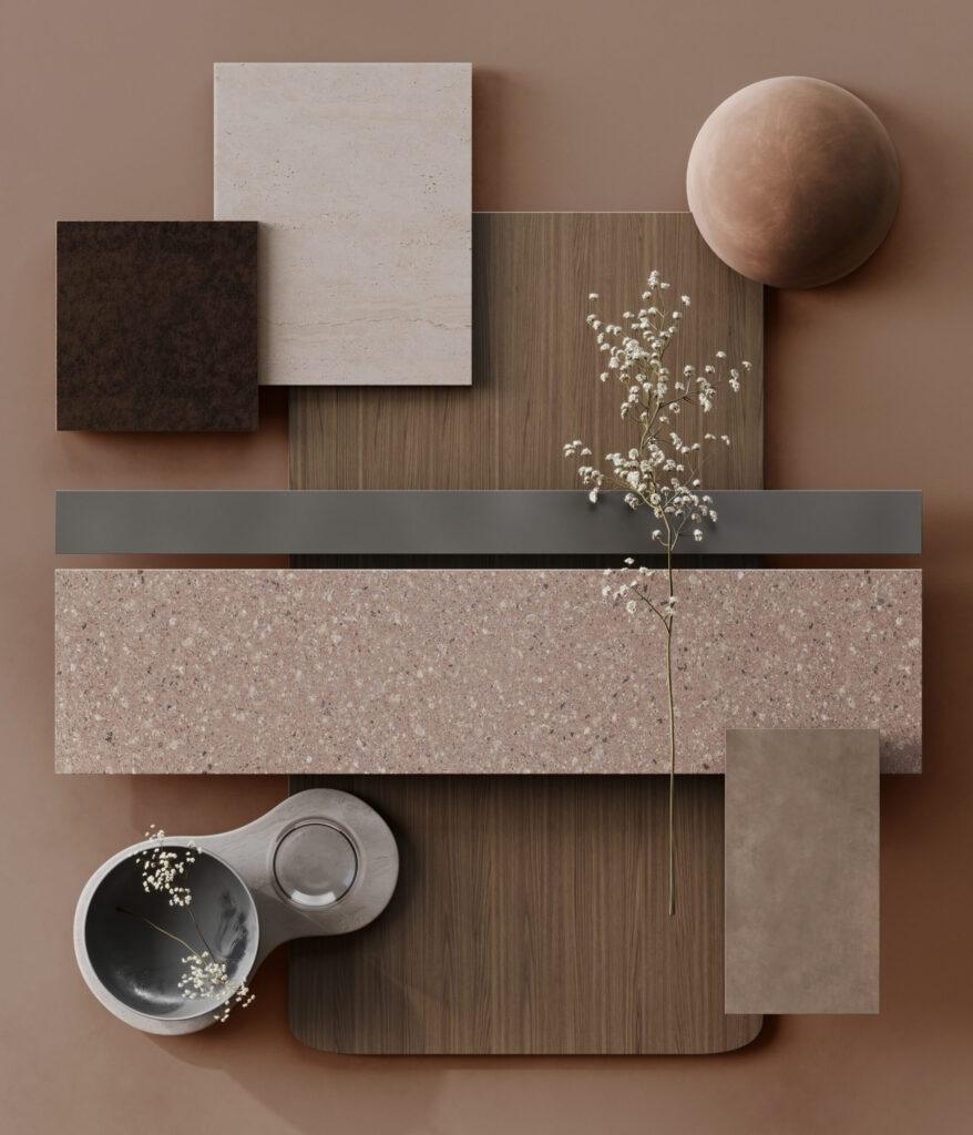 Material samples, wood textures, and color palettes laid out for design planning.