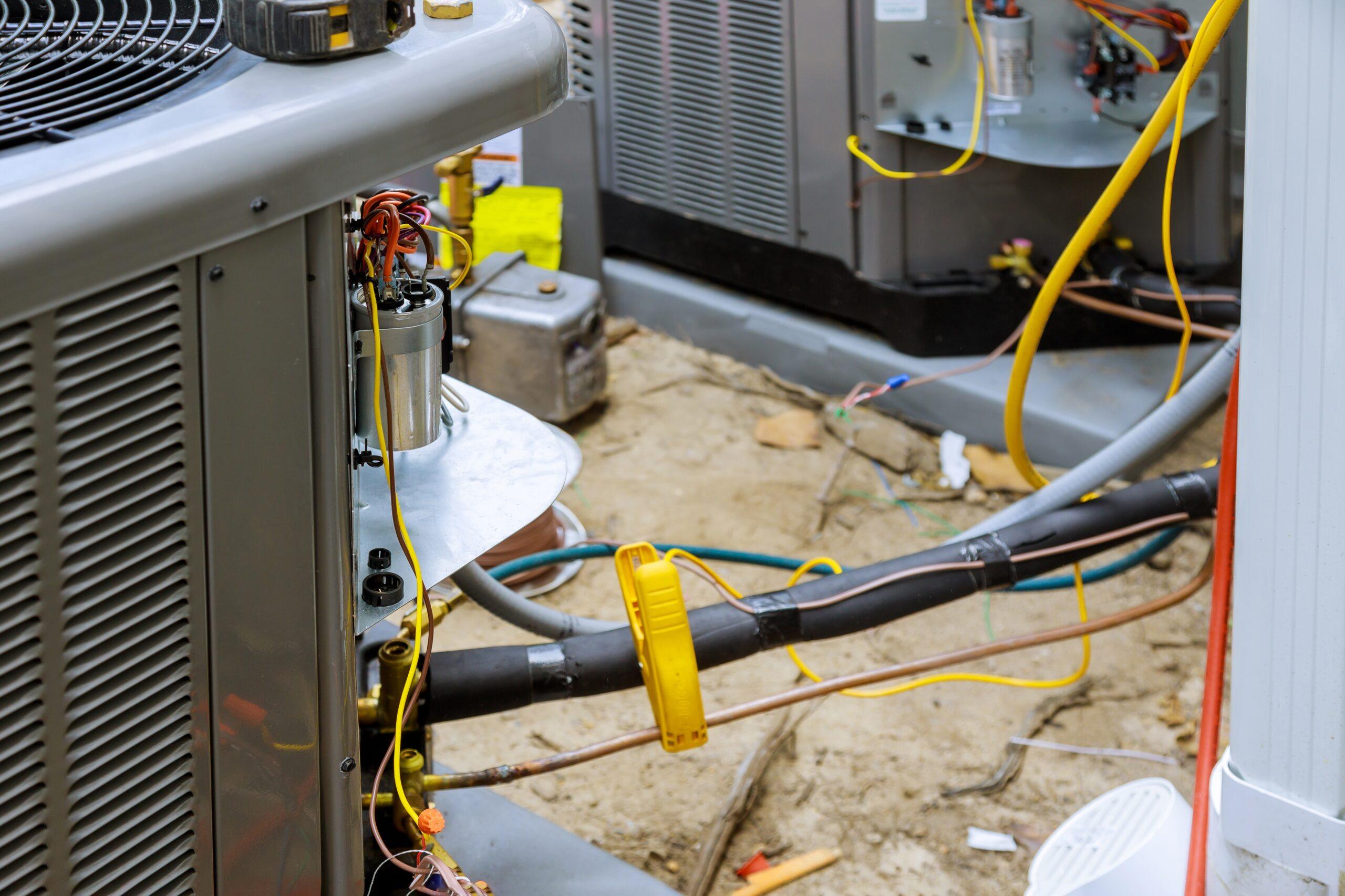 Close-up view of HVAC equipment during installation with exposed wiring, copper lines, and diagnostic tools.